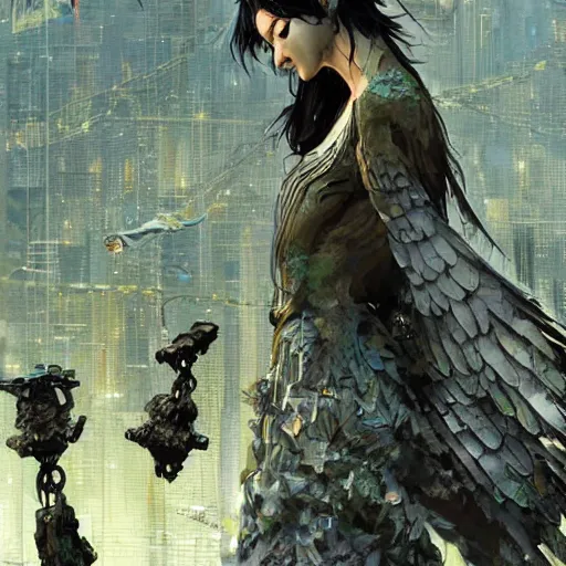 Image similar to a digital angel made of source code protects the gate to exit the simulation, matte painting by esao andrews and yoji shinkawa