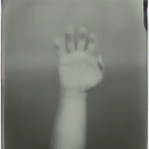 Image similar to a giant hand reaching over a foggy cliff, polaroid,