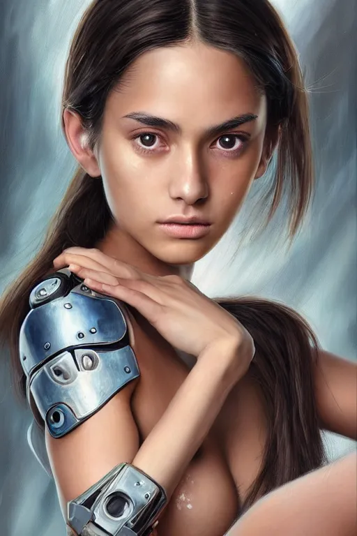Prompt: a photorealistically painted portrait of an attractive young girl, partially clothed in cybernetic body armor, with an abstractly painted background, flawless olive skin, fair complexion, long dark hair, beautiful bone structure, perfectly symmetric facial features, perfect photorealistic eyes, natural physique, intricate, elegant, digital painting, concept art, finely detailed, beautifully illustrated, sharp focus, minimal artifacts, volumetric lighting, from Metal Gear, by Ruan Jia and Mandy Jurgens and Artgerm and William-Adolphe Bouguerea, in the style of Greg Rutkowski, trending on Artstation, award winning art