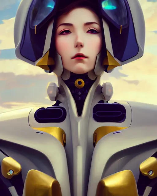 Prompt: beautiful delicate imaginative streamlined mecha anime elegant futuristic close up portrait of a pilot female sitting with elegant piercing deadly looks, armor with gold linings by ruan jia, tom bagshaw, alphonse mucha, futuristic buildings in the background, epic sky, vray render, artstation, deviantart, pinterest, 5 0 0 px models