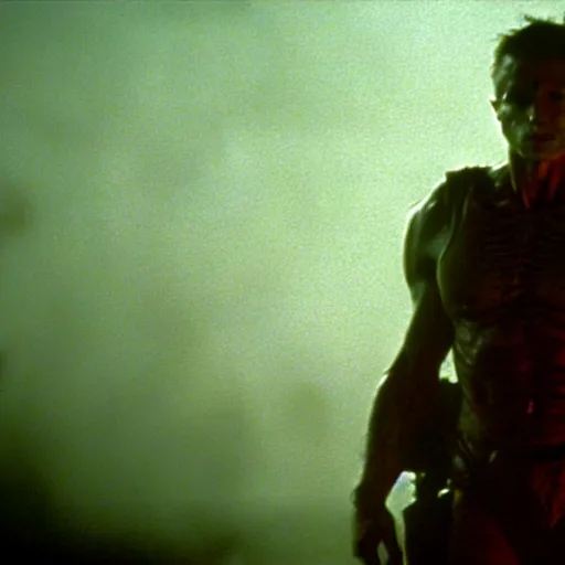 Image similar to tall muscular soldier with rock - like skin texture, still from the movie aliens, fog, dramatic lighting