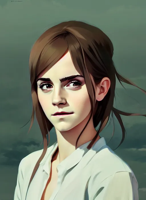 Image similar to portrait of a emma watson by ilya kuvshinov, cloudy sky background lush landscape illustration concept art anime key visual trending pixiv fanbox by wlop and greg rutkowski and makoto shinkai and studio ghibli