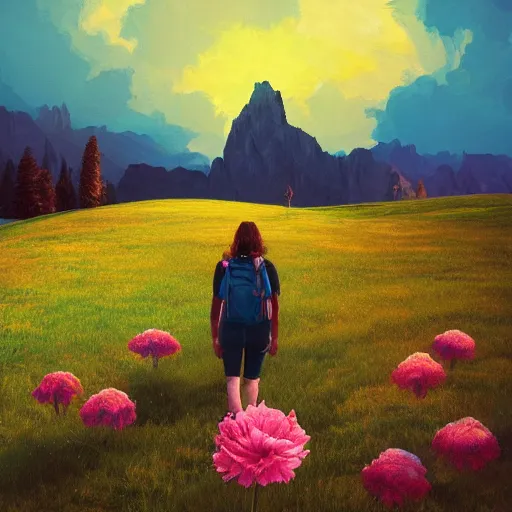 Image similar to giant carnation flower as a head, girl hiking in the dolomites, surreal photography, sunrise, dramatic light, impressionist painting, colorful clouds, digital painting, artstation, simon stalenhag