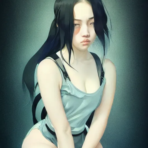 Image similar to a beautiful young japanese billie eilish kat dennings alluring instagram model in elaborate latex tank top, by guweiz and wlop and ilya kuvshinov and artgerm and makoto shinkai and studio ghibli, symmetrical eyes, aesthetic, gorgeous, stunning, alluring, attractive, artstation, deviantart, pinterest, digital art