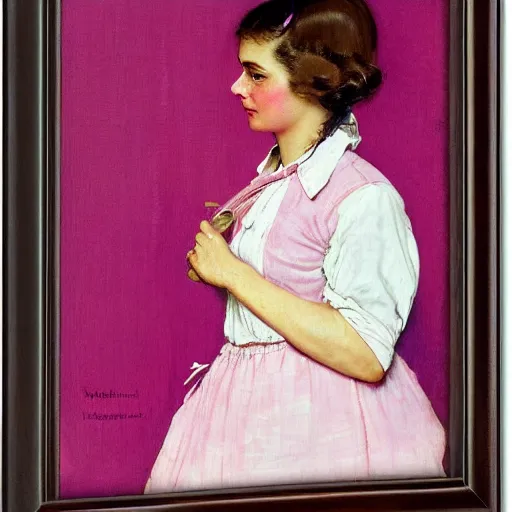 Image similar to frontal portrait of a woman wearing pink and white, by norman rockwell