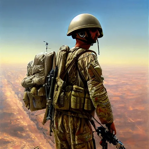 Image similar to a painting of a deploying soldier from a helicopter in the gulf war by Bernardo Bellotto, high detail, hyperrealistic, concept art, artstation, 8k