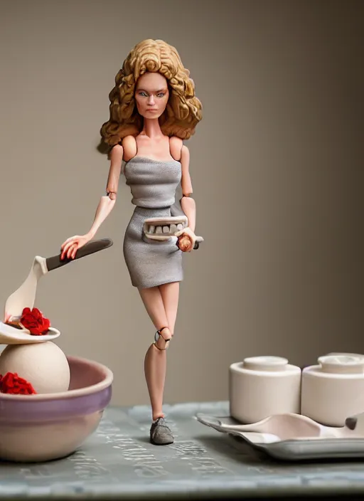 Prompt: product photography of a claymation action figure doutzen kroes doing the dishes, depth of field, zeiss lens, detailed, centered, by nicoletta ceccoli, mark ryden, erwin olaf, earl nore, frank frazetta, breathtaking, 8 k resolution, extremely detailed, beautiful, establishing shot, hyperrealistic