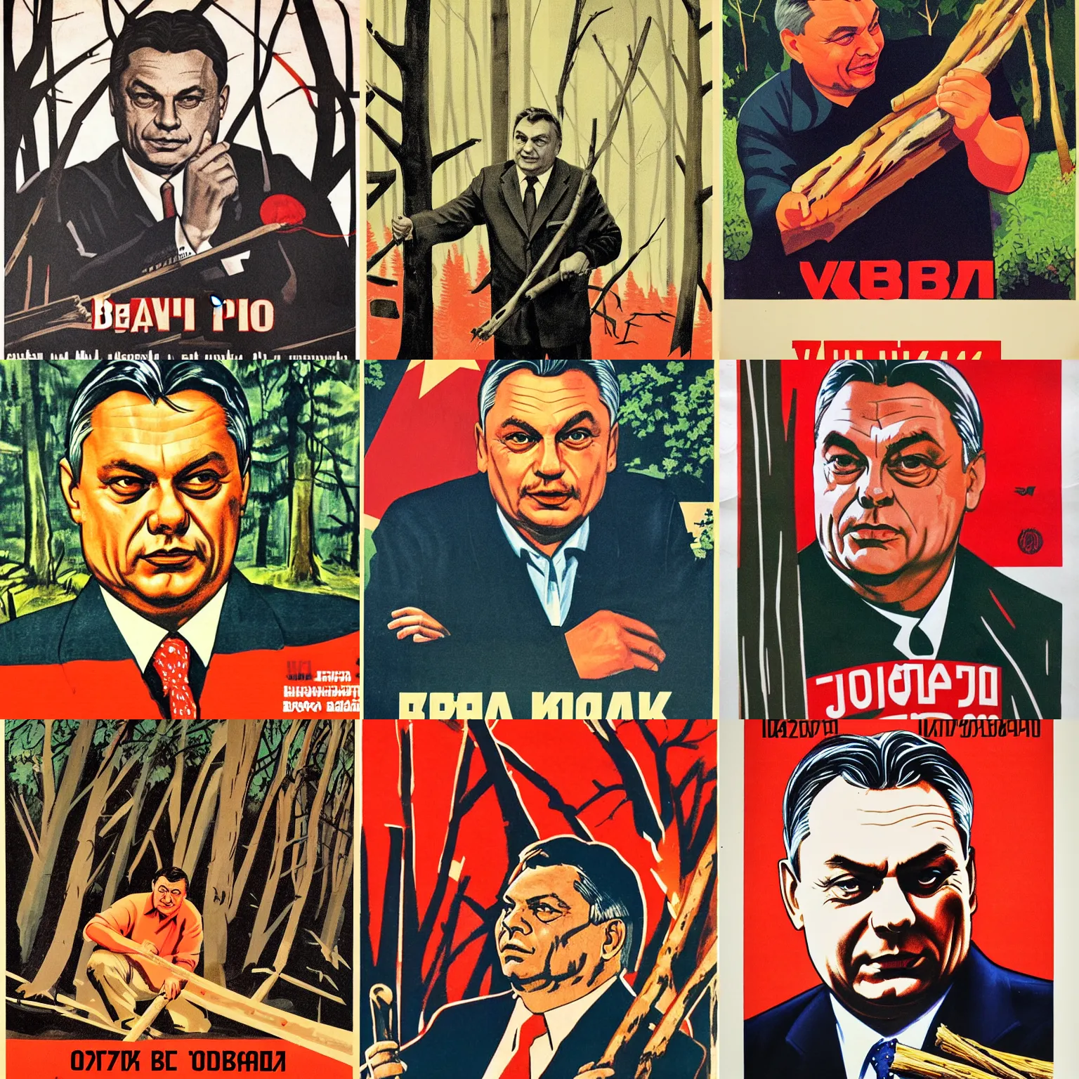 Prompt: soviet propaganda poster of viktor orban with firewood, forest in background