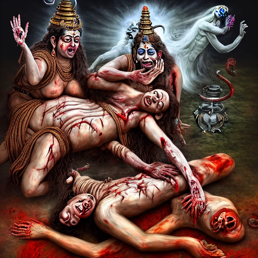 Image similar to kali with her tongue sticking out standing over the corpse of shiva, digital art, hyperrealistic nightmare scene, supernatural, highly detailed, creepy, terrifying