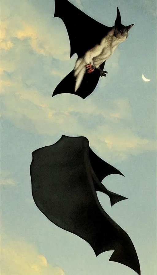 Image similar to a white bat, flying against a black night sky, mountain in the background, moonlight, denoised, very detailed, painted by james gurney, norman rockwell, tom bagshaw