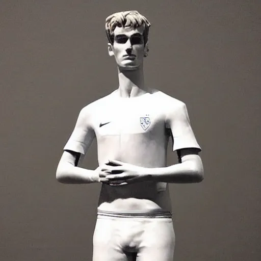 Image similar to “ a realistic detailed photo of a guy who is an attractive humanoid who is half robot and half humanoid, who is a male android, soccer player antoine griezmann, shiny skin, posing like a statue, blank stare, at the museum, on display ”