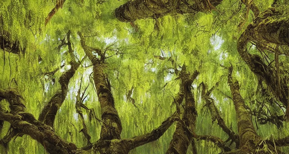 Prompt: looking up at on ancient willow forest, hemlocks, moss, stream, intricate, vivid colors, elegant, highly detailed, ivan shishkin, john park,