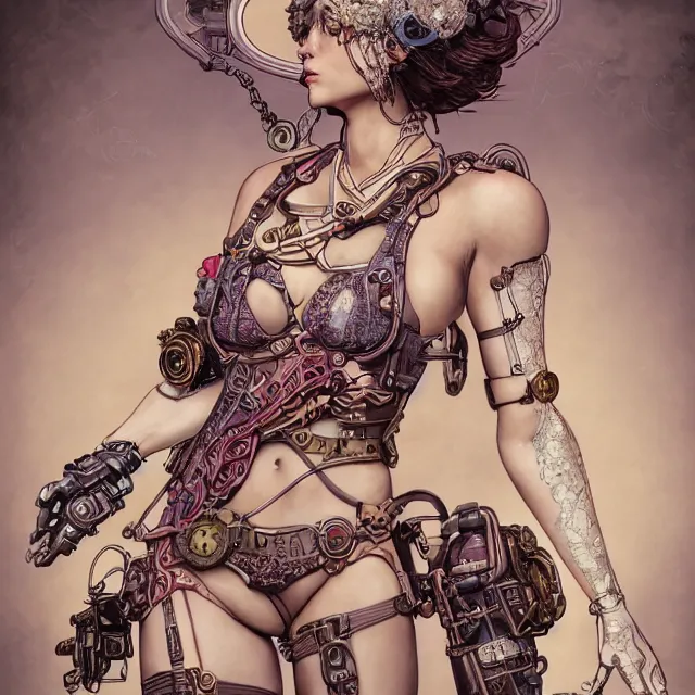 Image similar to the portrait of true neutral semi - colorful female steampunk cyborg mechanist as absurdly beautiful, gorgeous, elegant, young swimsuit model, an ultrafine hyperdetailed illustration by kim jung gi, irakli nadar, intricate linework, bright colors, octopath traveler, final fantasy, unreal engine 5 highly rendered, global illumination, radiant light, detailed and intricate environment