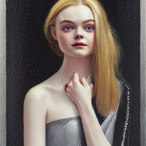 Image similar to Elle Fanning at a funeral in the style of Paola Vetri, head and shoulders portrait, stormy weather, extremely detailed masterpiece, oil on canvas, low-key neon lighting, artstation, Blade Runner 2049, Roger Deakin’s cinematography, by J. C. Leyendecker and Peter Paul Rubens and Edward Hopper and Michael Sowa,