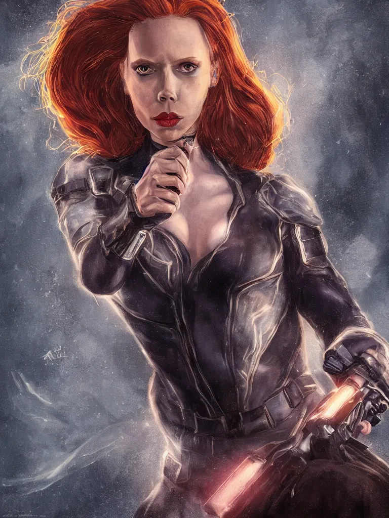 Prompt: portrait of marvel's black widow as a beautiful scandinavian goddess in a icelandic courtyard holding a pistol, decolletage, confident pose, coherent, insane detail, concept art, character concept, cinematic lighting, global illumination radiating a glowing aura