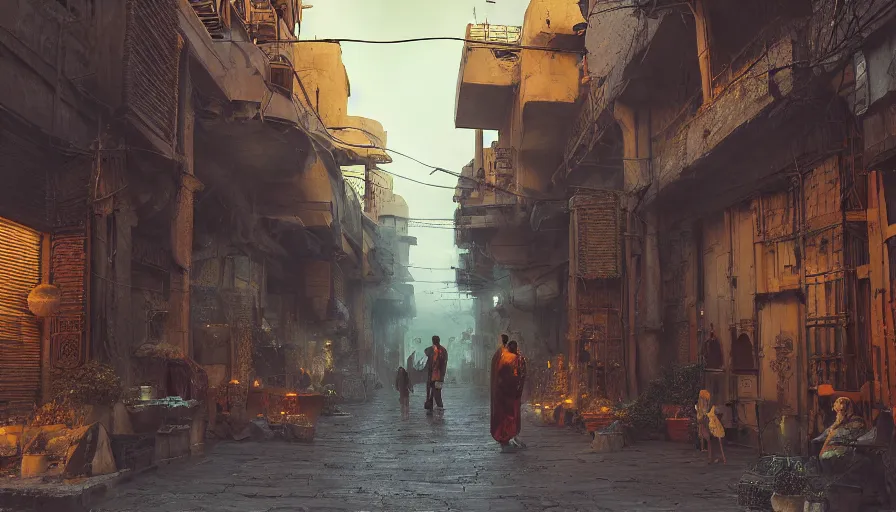 Prompt: old jeddah city alley, roshan, shops, a big magical glowing time portal, a nomad wearing a worn out coat, plants, kids, dramatic lighting fantasy, sci fi, by caspar david friedrich by beeple and james gilleard and justin gerard, centered, artstation, smooth, sharp focus, photoreal octane render, 3 d, by jean baptiste monge