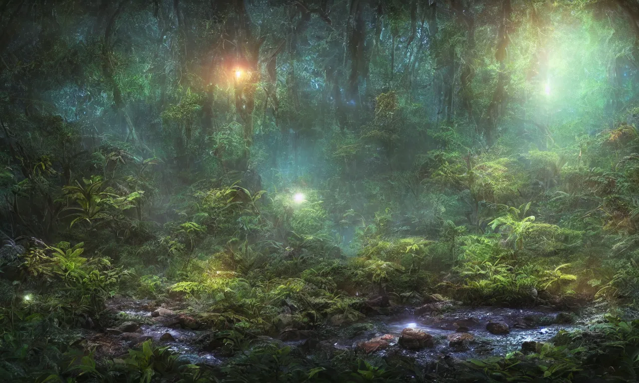 Prompt: a dreamy landscape of a jungle river, moonlit night dreamy atmosphere, highly detailed twigs and plants in the forest, bioluminiscent butterflies in the fog in a bokeh background, deep colors, photorealistic digital arts, cinematic, smooth, artstation, 8K