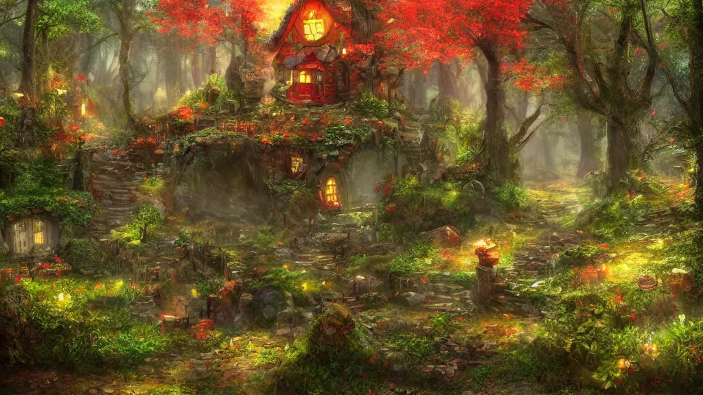 Image similar to fantasy multistorey red toadstool cottage growing in magical forest, foggy atmosphere, volumetric lighting, fantasy artwork, very beautiful scenery, very realistic painting effect, hd, hdr, cinematic 4k wallpaper, 8k, ultra detailed, high resolution