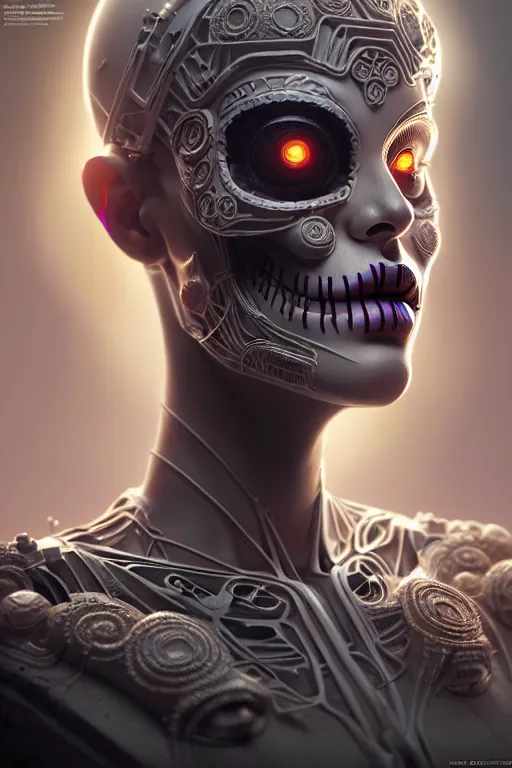 Prompt: ultra detailed Female Android deity, scifi, octane render, clay render, (dia de los muertos), asymmetrical, intricate concept art, art by artgerm and DZO and greg rutkowski and loish and WLOP