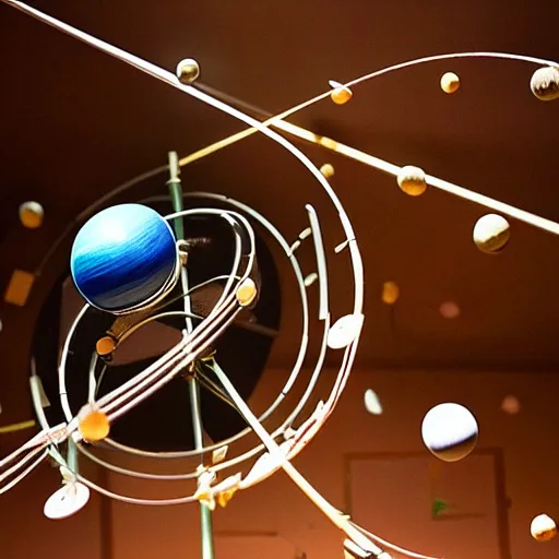 Prompt: a kinetic sculpture of this solar system, sun, orrery, canon 5 d 5 0 mm lens, papier - mache, studio, circa 2 0 4 9