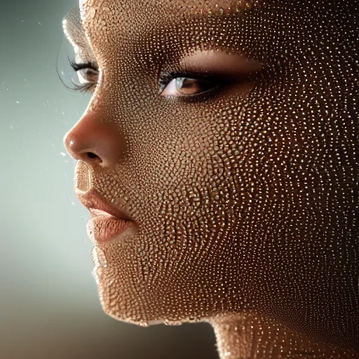 Prompt: a regal brown woman wearing an intricate and detailed armor made of dew drops. multiple layers. reflections. morning dew. textures. delicate. translucent. studio portrait. photorealistic. octane render