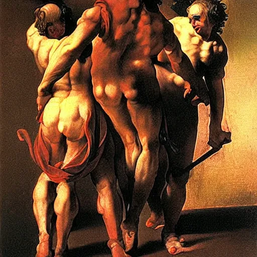 Prompt: Flaming Cerberus standing at the gates of hell. Painted by Caravaggio. High quality.