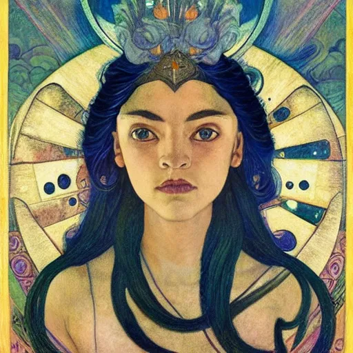 Image similar to queen of the moon with stars in her hair, by nicholas roerich and annie swynnerton and donato giancola and diego rivera and dulac, dramatic lighting, god rays, geometric tattoos, rich colors, smooth sharp focus, extremely detailed, leo and diane dillon, adolf wolfli