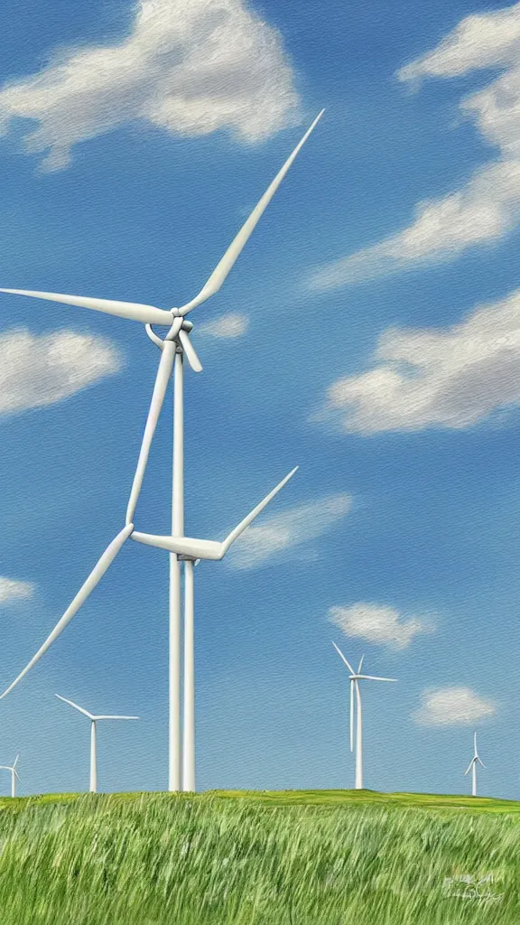 Image similar to a wind turbine, blue sky, sunshine,green land, highly detailed, digital painting