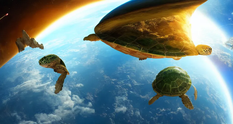 Prompt: flat earth on the back of a colossal turtle in space, realistic, matte painting, unreal engine, 8k, wide angle, f12, anders zorn, thomas kincade, trending on artstation