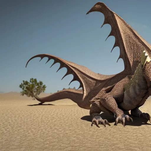 Prompt: a large desert dragon, hd photorealistic image