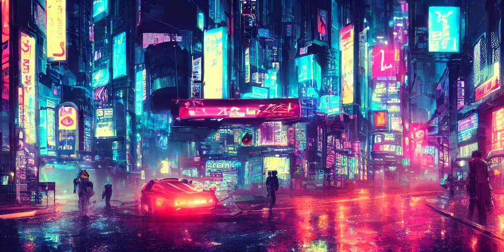Image similar to a cyberpunk city raining at night, cat sitting under a neon japanese sign, artstation, hd 4k