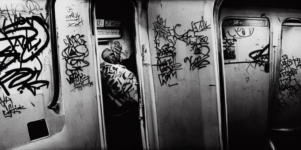 Image similar to subway cabin inside all in graffiti, man in carhartt jacket closeup writing graffiti, night, film photography, exposed b & w photography, christopher morris photography, bruce davidson photography