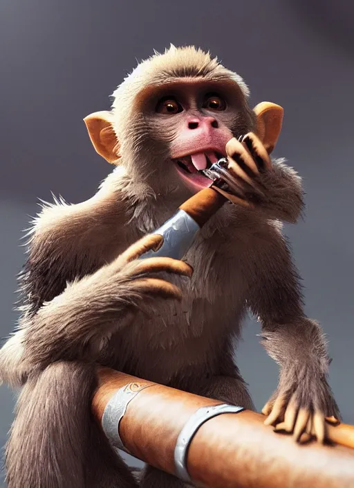Prompt: pathfinder 2 e illustration of furry monkey goblin smoking a cigar, unreal engine, hyper realism, realistic shading, cinematic composition, realistic render, octane render, detailed textures, photorealistic, wide shot