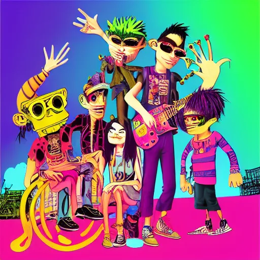 Prompt: album cover for the band gorillaz, by lisa frank, hypersaturated, various colors, ultra detailed, 8 k