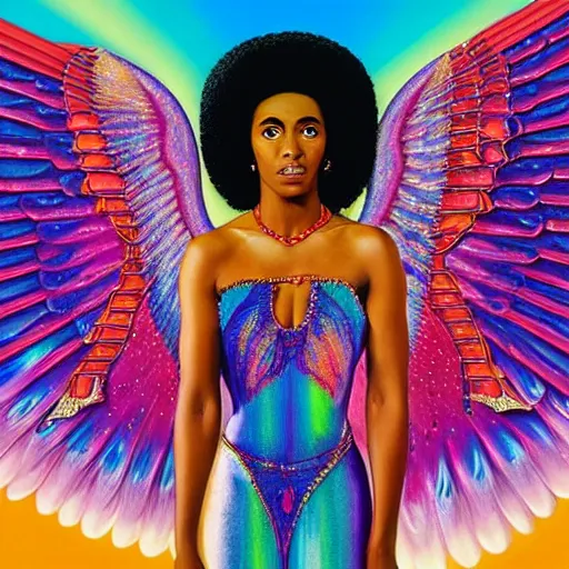 Image similar to isis depicted as a black woman with large iridescent wings in front of a crystal pyramid by Aliza Razell, lisa frank, and thomas blackshear, oil on canva