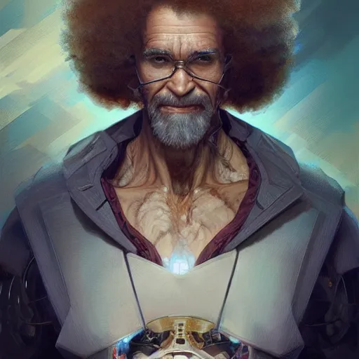 Image similar to concept portrait of cyborg bob ross intricate, elegant, highly detailed, my rendition, digital painting, artstation, concept art, smooth, sharp focus, illustration, art by greg rutkowski and alphonse mucha and uang guangjian and gil elvgren and sachin teng, symmetry!!