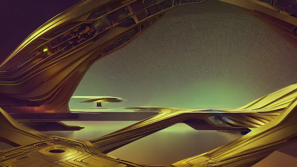 Prompt: digital render space science fiction digital painting. symmetry. bruce pennington. zaha hadid. beeple. john schoenher. syd mead. alphonse mucha. tim mcburnie