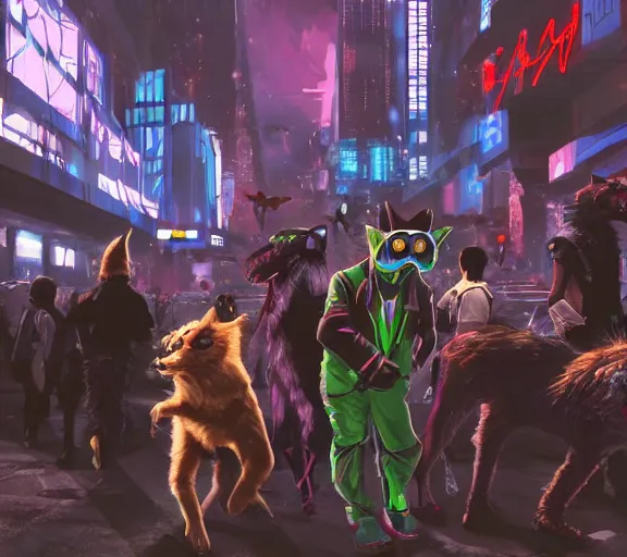 Image similar to high - resolution photograph from a cyberpunk era furry fandom convention ( midwest furfest 2 0 4 7 ), taking place after the genetic revolution and quantum singularity. photorealistic.