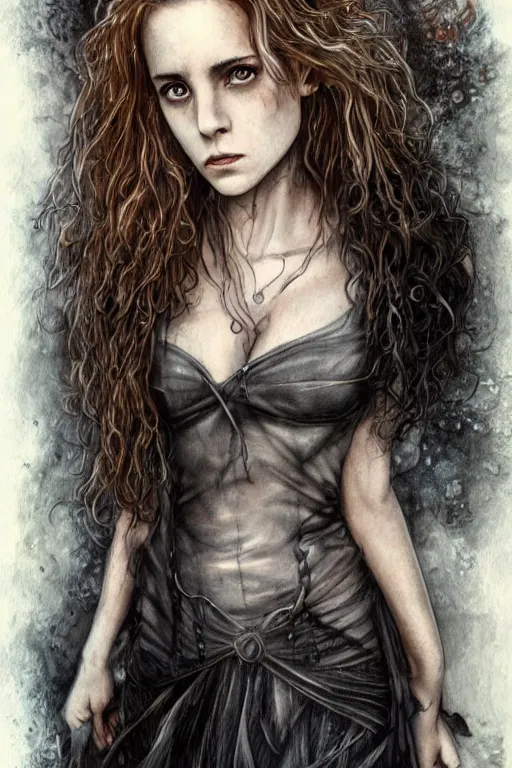 Image similar to dressed Hermione Granger in tattoos, by luis royo, beautiful gown, beautiful eyes, Beautiful face, by Aggi Erguna, high detail, high resolution