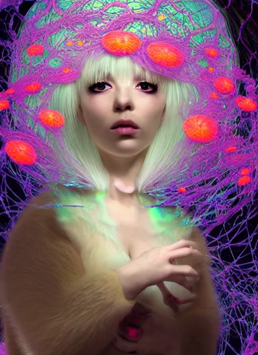 Image similar to hyper detailed 3d render like a Oil painting - kawaii portrait Aurora (white haired Singer Ferret) seen Eating of the Strangling network of yellowcake aerochrome and milky Fruit and Her delicate Hands hold of gossamer polyp blossoms bring iridescent fungal flowers whose spores black the foolish stars by Jacek Yerka, Mariusz Lewandowski, Houdini algorithmic generative render, Abstract brush strokes, Masterpiece, Edward Hopper and James Gilleard, Zdzislaw Beksinski, Mark Ryden, Wolfgang Lettl, hints of Yayoi Kasuma, octane render, 8k