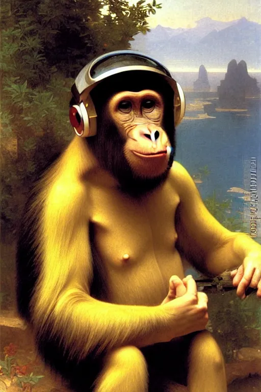 Image similar to portrait of one ape in astronaut helmet, by bouguereau