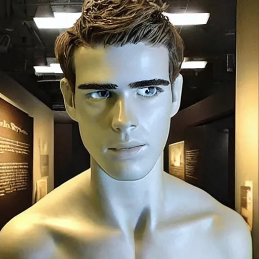 Image similar to “a realistic detailed photo of a guy who is an attractive humanoid who is half robot and half humanoid, who is a male android, actor Liam Hemsworth, shiny skin, posing like a statue, blank stare, at the museum, on display”