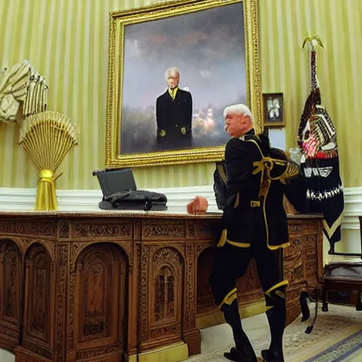 Image similar to senator armstrong!!!!!!!!!!! from metal gear rising revengeance sitting behind resolute desk, oil painting, presidential portrait, oval office