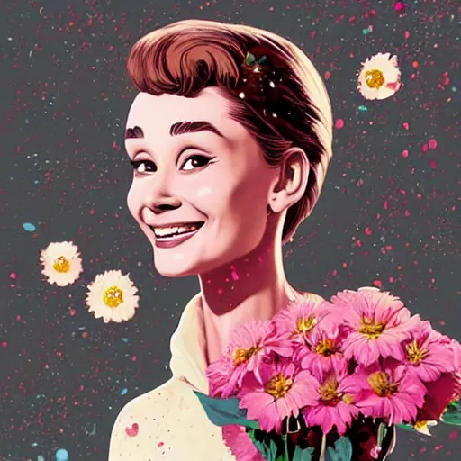 Prompt: portrait of young audrey hepburn smiling with flowers raining over her. sharp focus, cinematic pose, cinematic lighting, unreal engine render. art by josan gonzales and moebius and deathburger.