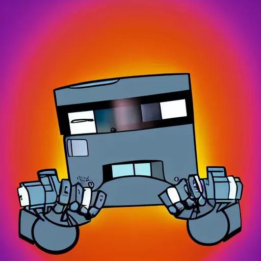 Image similar to digital art of a cartoon robot getting punched in the face from the left side to the right side of the screen