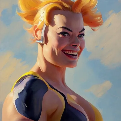 Image similar to greg manchess portrait painting of smiling margot robbie as beautiful thick muscular female bodybuilder zarya from overwatch, medium shot, asymmetrical, profile picture, organic painting, sunny day, matte painting, bold shapes, hard edges, street art, trending on artstation, by huang guangjian and gil elvgren and sachin teng