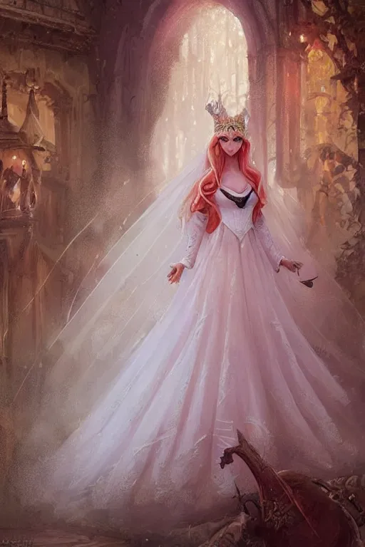 Image similar to Princess Peach in her wedding dress, extremely long hair, epic fantasy art by Greg Rutkowski