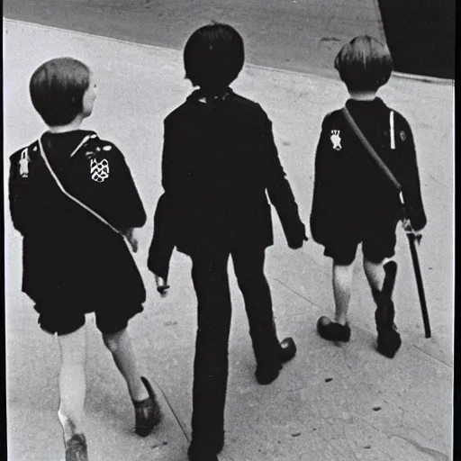 Prompt: Satanic States of America, alternate history, 1970s, boy scouts, goth boy scouts, Satanic boy scouts, black clothing, occult ritual, 1977, 16mm photograph -9