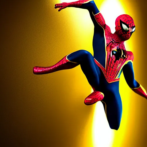 Image similar to gold spider - man suit with black web lining, cinematic, volumetric lighting, realistic, hyperdetailed, photorealistic, photograph