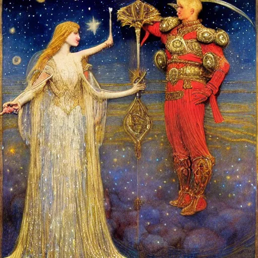 Prompt: the queen of the moon and the stars in full regalia, by Annie Swynnerton and jean delville and Edmund Dulac and Tino Rodriguez, elaborately costumed, rich color, dramatic cinematic lighting, extremely detailed